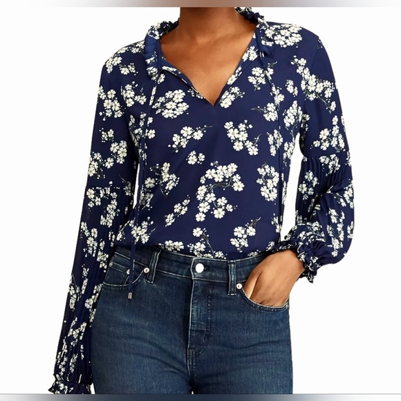 Lauren Ralph Lauren Tops - Lauren Ralph Lauren Navy Blue Floral Print Pullover Peasant Blouse Plus Sz 1X
